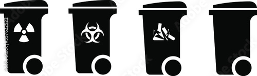 Trash/rubbish wheelie bin icons with labels: radioactive, infectious, broken glass. Plus an unlabeled.
