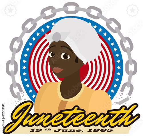 Happy African-American Woman over Broken Chains Celebrating Juneteenth, Vector Illustration