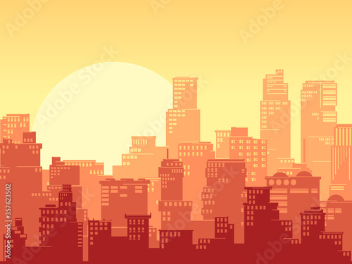 Horizontal illustration of a stylized cartoon big city with downtown and skyscrapers at sunset colors.