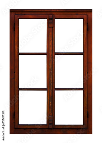 Old brown wooden window on white background