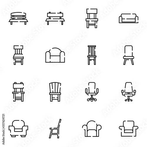 Chair, stool, sofa icon set. Simple office chair, bench, seat outline icon sign concept. vector illustration.	