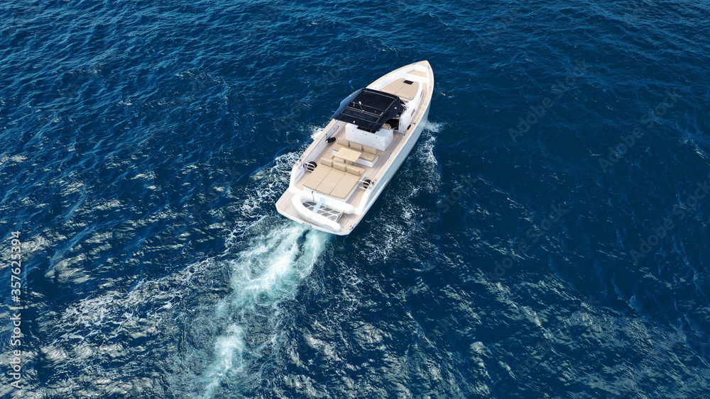 Aerial drone top down photo of small power boat with wooden deck cruising in deep blue Mediterranean sea Aerial drone top down photo of small power boat with wooden deck cruising in deep blue Mediterranean sea