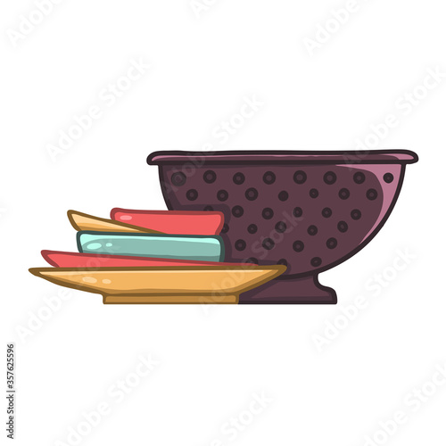Plates and colander kitchen utensils vector image