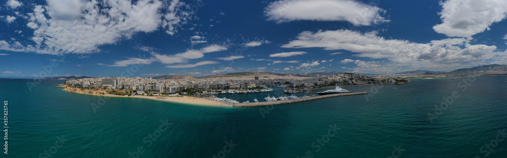 Aerial drone ultra wide photo of famous seascape of Marina Zeas, Piraeus, Attica, Greece