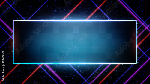 abstract futuristic background of blue Printed Circuit Board and neon square frame