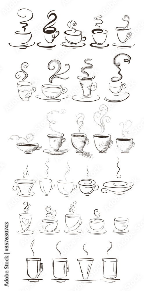 Set of many stylized coffee cups. Hand-drawn, sketch style. Isolated.