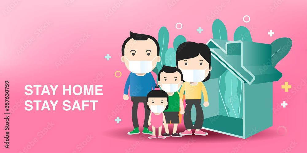 Cartoon Character Vector illustration of Family wearing face mask stay at home