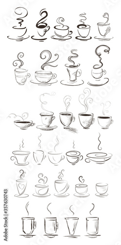 Set of many stylized coffee cups. Hand-drawn  sketch style. Isolated.