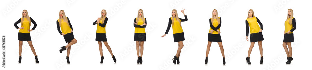 Blond hair girl in yellow and black clothing isolated on white Blond hair girl in yellow and black clothing isolated on white