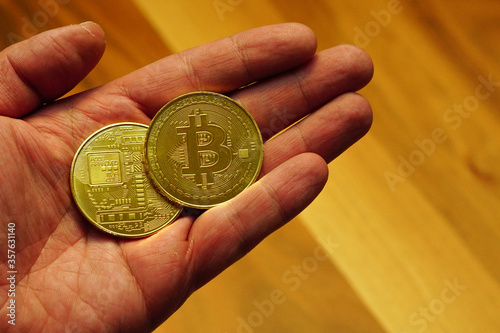 Bitcoin symbol coin close up view