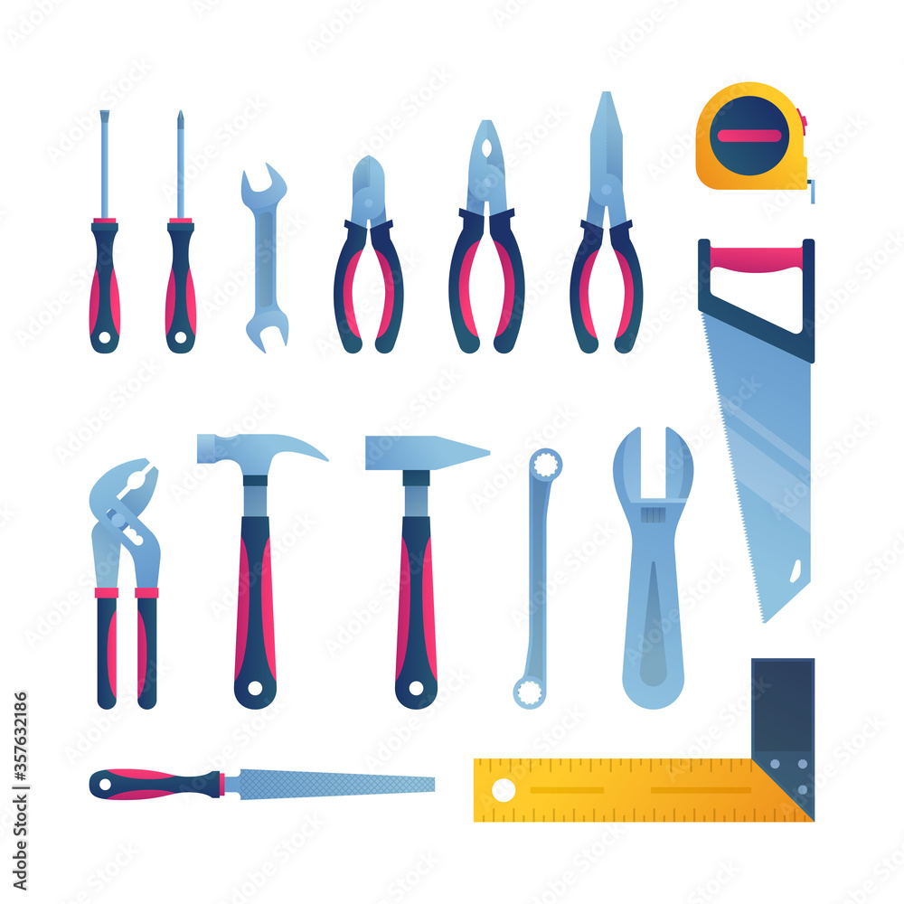 Repair tools icons set in cartoon style. Carpentry workshop equipment  isolated elements. Construction tools for carpentry and home renovation.  Mechanic instruments for DIY store vector illustration. Stock Vector
