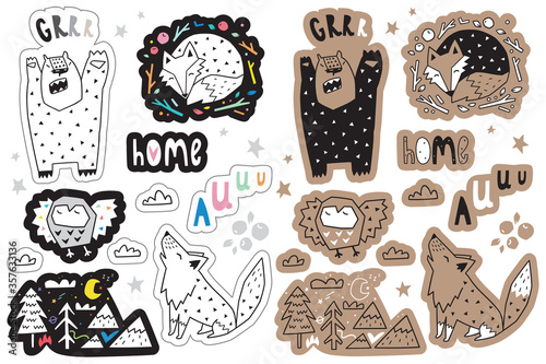 Sticker set with forest animals and design elements. Vector illustration