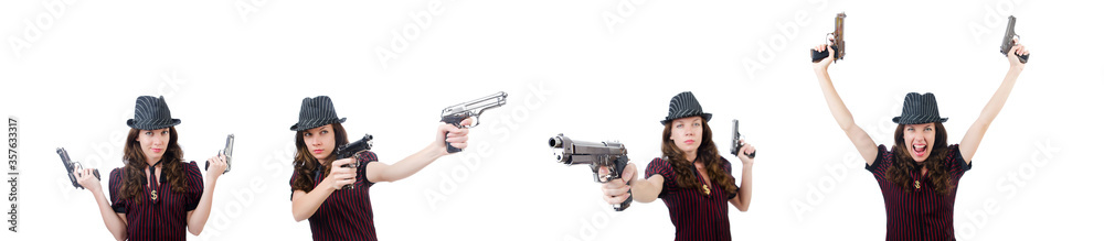 Young woman gangster with gun on white Young woman gangster with gun on white