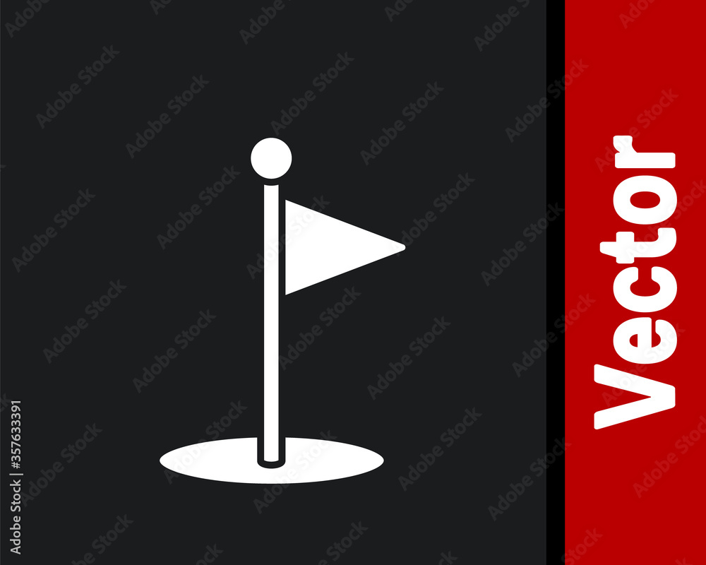 White Golf flag icon isolated on black background. Golf equipment or accessory. Vector Illustration. White Golf flag icon isolated on black background. Golf equipment or accessory. Vector Illustration.