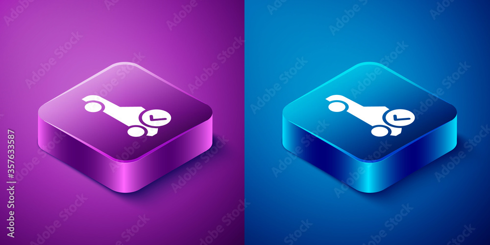 Isometric Auto service check automotive icon isolated on blue and purple background. Car service. Square button. Vector Illustration.