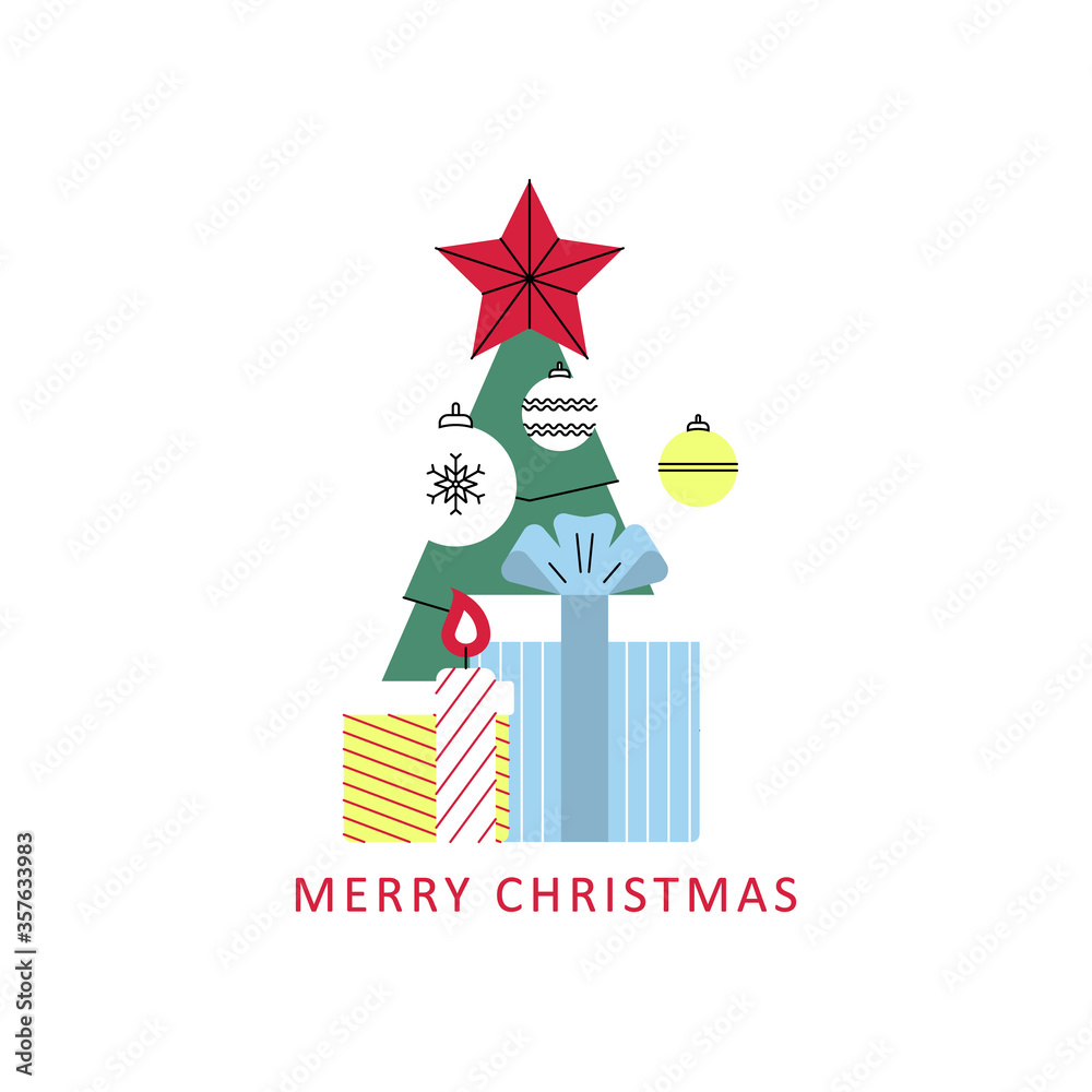 Christmas art with fir tree and gifts. Winter holiday icon, new year card, design element for greetings or invitations. Colorful bright Christmas poster in modern style for web sites and applications.