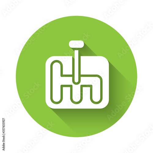 White Gear shifter icon isolated with long shadow. Transmission icon. Green circle button. Vector Illustration.