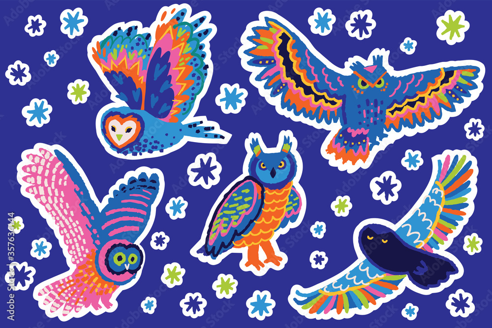 Obraz premium Collection of decorative stickers with owls. Vector illustration