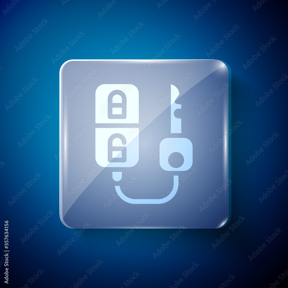 White Car key with remote icon isolated on blue background. Car key and alarm system. Square glass panels. Vector Illustration. White Car key with remote icon isolated on blue background. Car key and alarm system. Square glass panels. Vector Illustration.