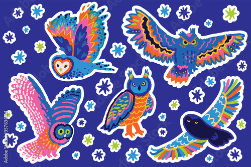 Collection of decorative stickers with owls. Vector illustration