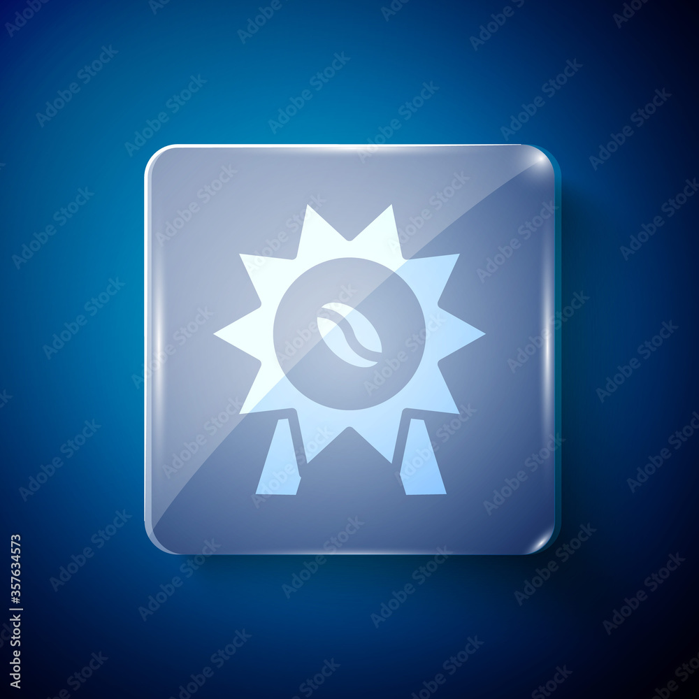 White Medal for coffee icon isolated on blue background. Premium quality coffee badge. Square glass panels. Vector Illustration. White Medal for coffee icon isolated on blue background. Premium quality coffee badge. Square glass panels. Vector Illustration.