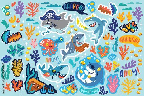 Shark pirates, treasures and corals sticker set. Vector illustration