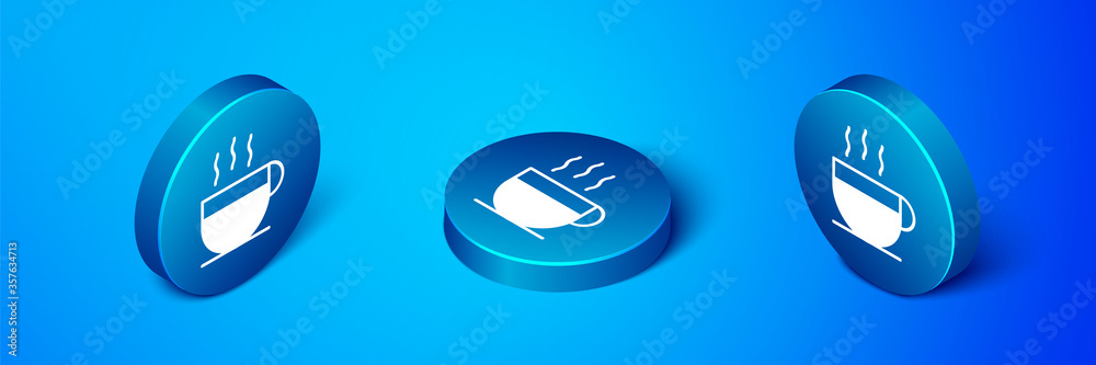 Isometric Coffee cup icon isolated on blue background. Tea cup. Hot drink coffee. Blue circle button. Vector Illustration. Isometric Coffee cup icon isolated on blue background. Tea cup. Hot drink coffee. Blue circle button. Vector Illustration.