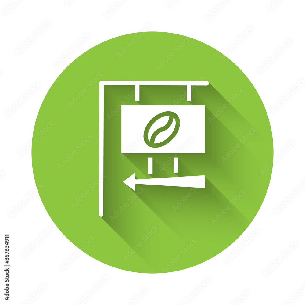 White Street signboard coffee icon isolated with long shadow. Green circle button. Vector Illustration. White Street signboard coffee icon isolated with long shadow. Green circle button. Vector Illustration.
