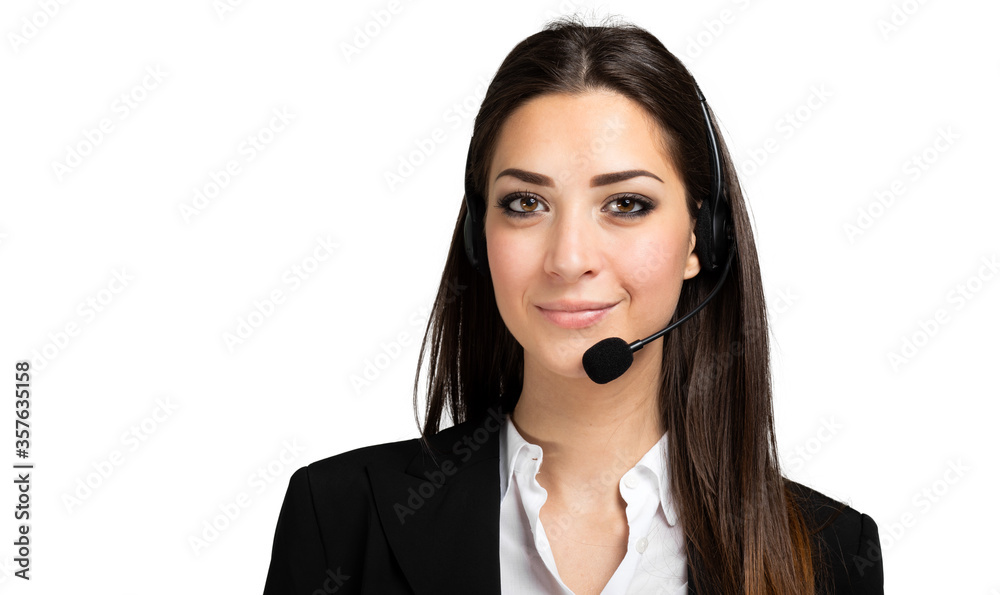 Beautiful consultant of call center in headphones on white background Beautiful consultant of call center in headphones on white background
