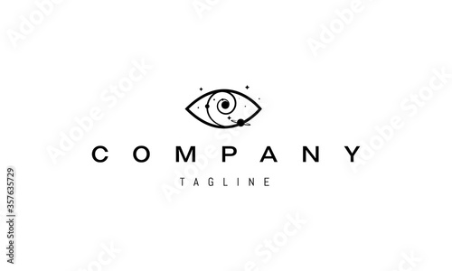 Vector logo on which an abstract image of the eye with a spiral and planets and stars.