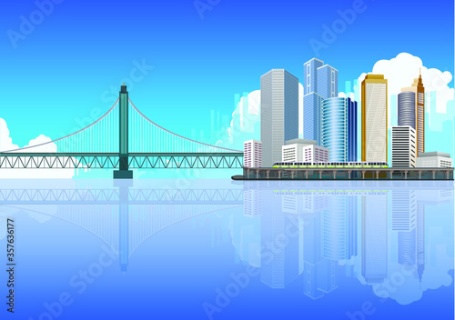 Vector illustration of industrial city landscape. Big modern city with skyscrapers with Clouds and country River with bridge in flat cartoon style.
