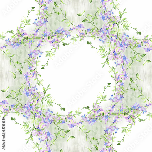 Seamless pattern. A branch with flowers and buds on a watercolor background. Delphinium. Garden flowers.Medicinal, perfume and cosmetic plants. Use printed materials, signs, posters, postcards.