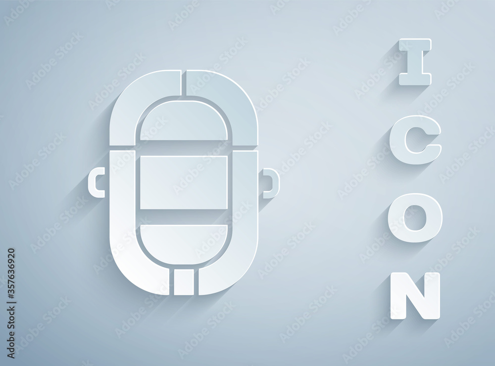 Paper cut Rafting boat icon isolated on grey background. Inflatable boat. Water sports, extreme sports, holiday, vacation. Paper art style. Vector Illustration. Paper cut Rafting boat icon isolated on grey background. Inflatable boat. Water sports, extreme sports, holiday, vacation. Paper art style. Vector Illustration.