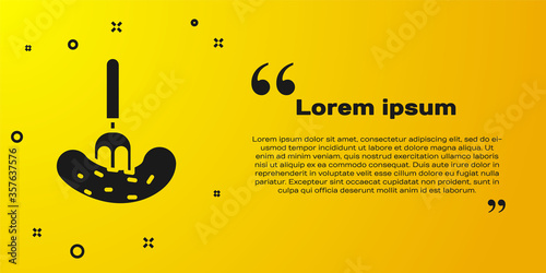 Black Pickled cucumber on a fork icon isolated on yellow background. Vector Illustration.