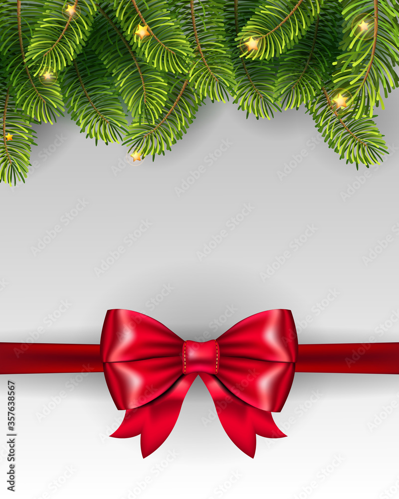 Christmas Tree Pine Branches Like Frame on white background with red bow. Christmas Tree Pine Branches Like Frame on white background with red bow.