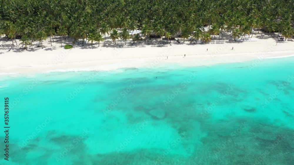 Tropical beach with coconut palm trees and turquoise caribbean sea. Aerial view from copter Tropical beach with coconut palm trees and turquoise caribbean sea. Aerial view from copter