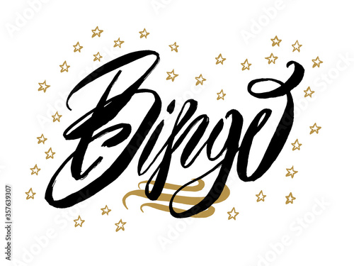 Bingo banner. Beautiful greeting card scratched calligraphy black text word gold stars.Hand drawn invitation T-shirt print design.Handwritten modern brush lettering white background isolated vector