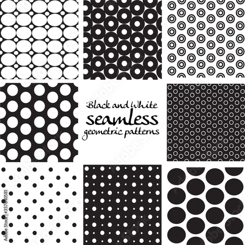 Set of black and white seamless geometric patterns from circles