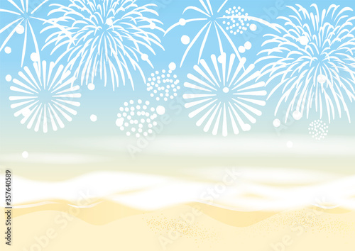 花火と南の島のリゾート海岸のイラスト