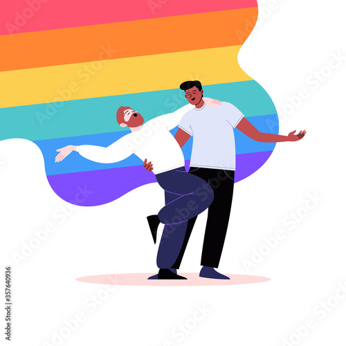 Gay cuople dancing. Rainbow background. Pride month concept