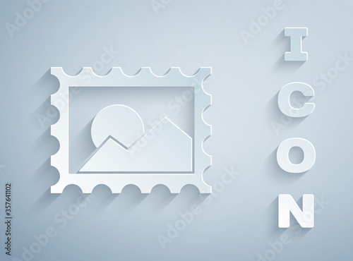 Paper cut Postal stamp icon isolated on grey background. Paper art style. Vector Illustration.