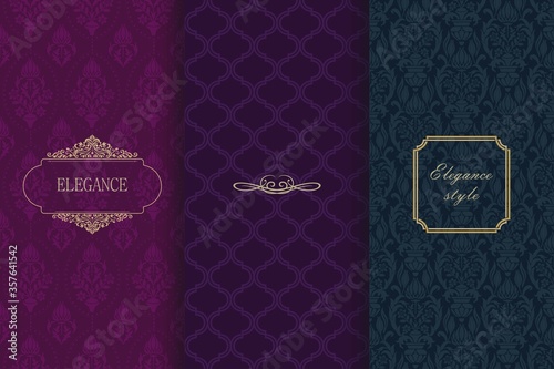 Set of Vintage seamless damask pattern. Collection of design elements, labels, icon, frames for packaging, design of luxury product. Template greeting card, invitation and advertising banner, brochure