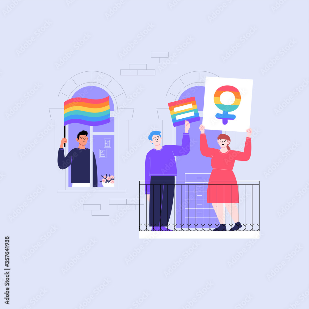 Three people standing on the balcony holding pride flag and banners. Pride month at home