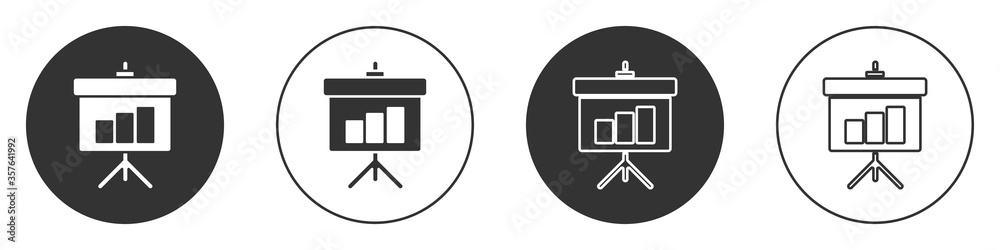 Black Presentation board with graph, schedule, chart, diagram, infographic, pie graph icon isolated on white background. Circle button. Vector Illustration. Black Presentation board with graph, schedule, chart, diagram, infographic, pie graph icon isolated on white background. Circle button. Vector Illustration.