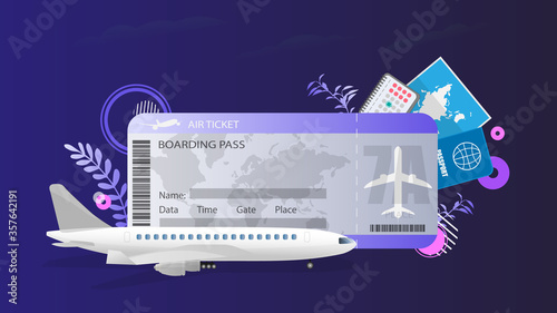 Banner on the theme of air travel. Air ticket, airplane, calendar, passport and map. Composition on the theme of travel and purchase of airline tickets. Vector.