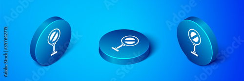 Isometric Stop sign icon isolated on blue background. Traffic regulatory warning stop symbol. Blue circle button. Vector Illustration.