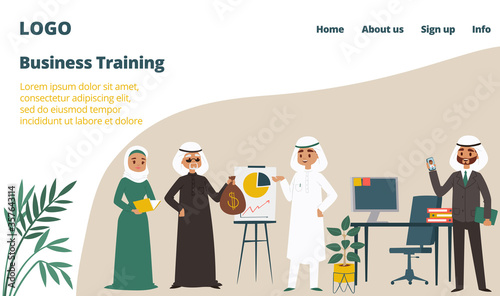 East asia arabic business training landing web page cartoon vector illustration. Concept banner website template website. Character male millionaire hold money bag, industry partner discuss work.