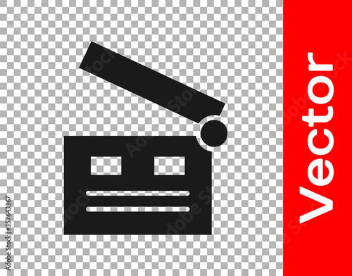 Black Movie clapper icon isolated on transparent background. Film clapper board. Clapperboard sign. Cinema production or media industry. Vector Illustration.