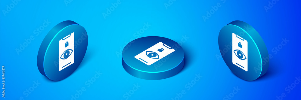 Isometric Eye scan icon isolated on blue background. Scanning eye. Security check symbol. Cyber eye sign. Blue circle button. Vector Illustration. Isometric Eye scan icon isolated on blue background. Scanning eye. Security check symbol. Cyber eye sign. Blue circle button. Vector Illustration.