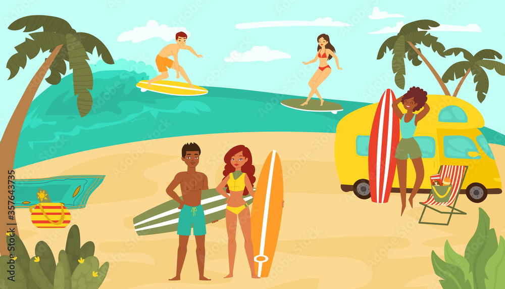 Young people multinational race, black white female male character training surfing ocean tropical beach cartoon vector illustration. Group exercise water sport, travel surf beachside sea wave.